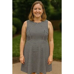 JCPenny Joe Fresh Women 2X Stripe Monochrome Midi Black Dress Formal Office